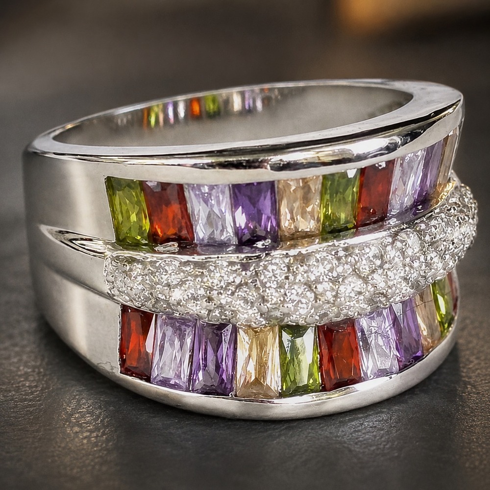 Sterling Silver Rainbow Baguette CZ Wide Band Cocktail Ring Size 9.5 Statement